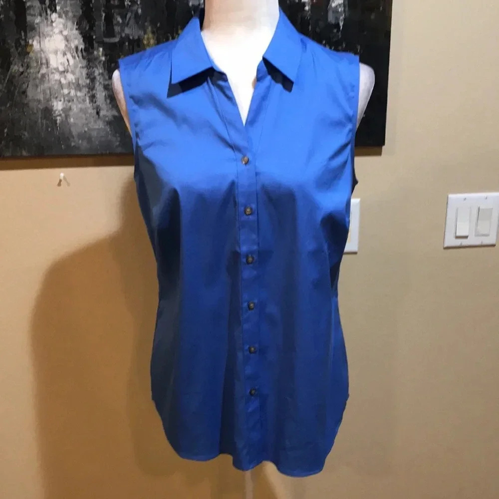 NWT Charter Club Sleeveless Bay-water Blue Button Front Cotton Blend Top- 10